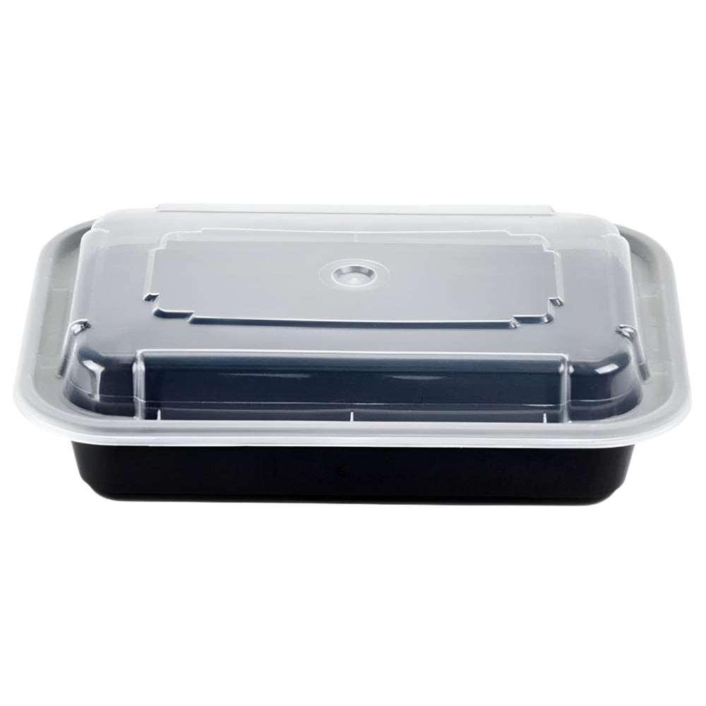 Recipiente rectangular negro apto para microondas (16 oz) con tapa – 150 unidades