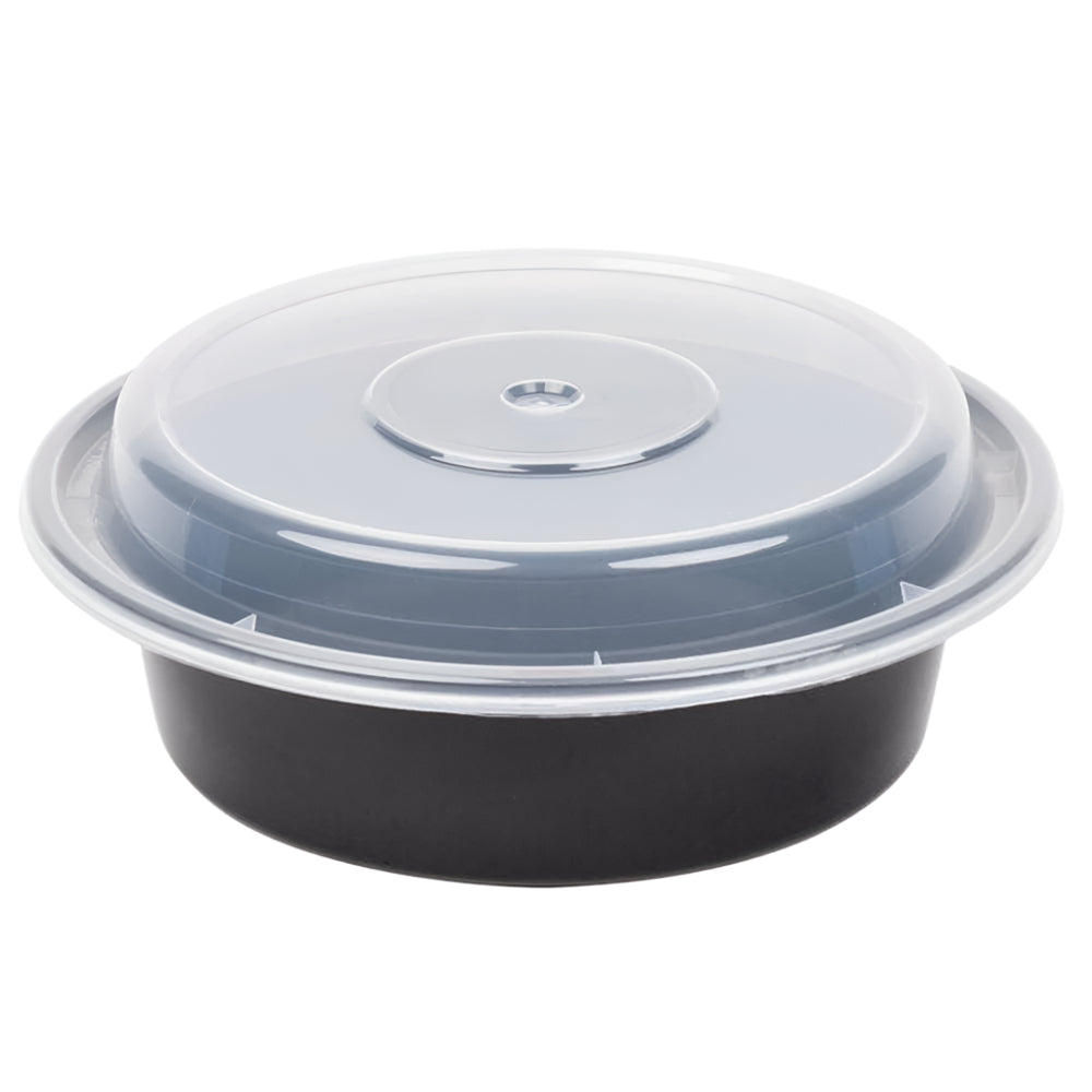 Recipiente redondo negro apto para microondas (16 oz) con tapa – 150 unidades