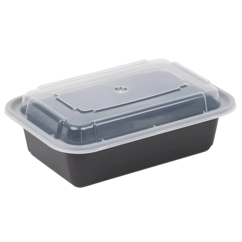 Recipiente rectangular negro apto para microondas (24 oz) con tapa – 150 unidades