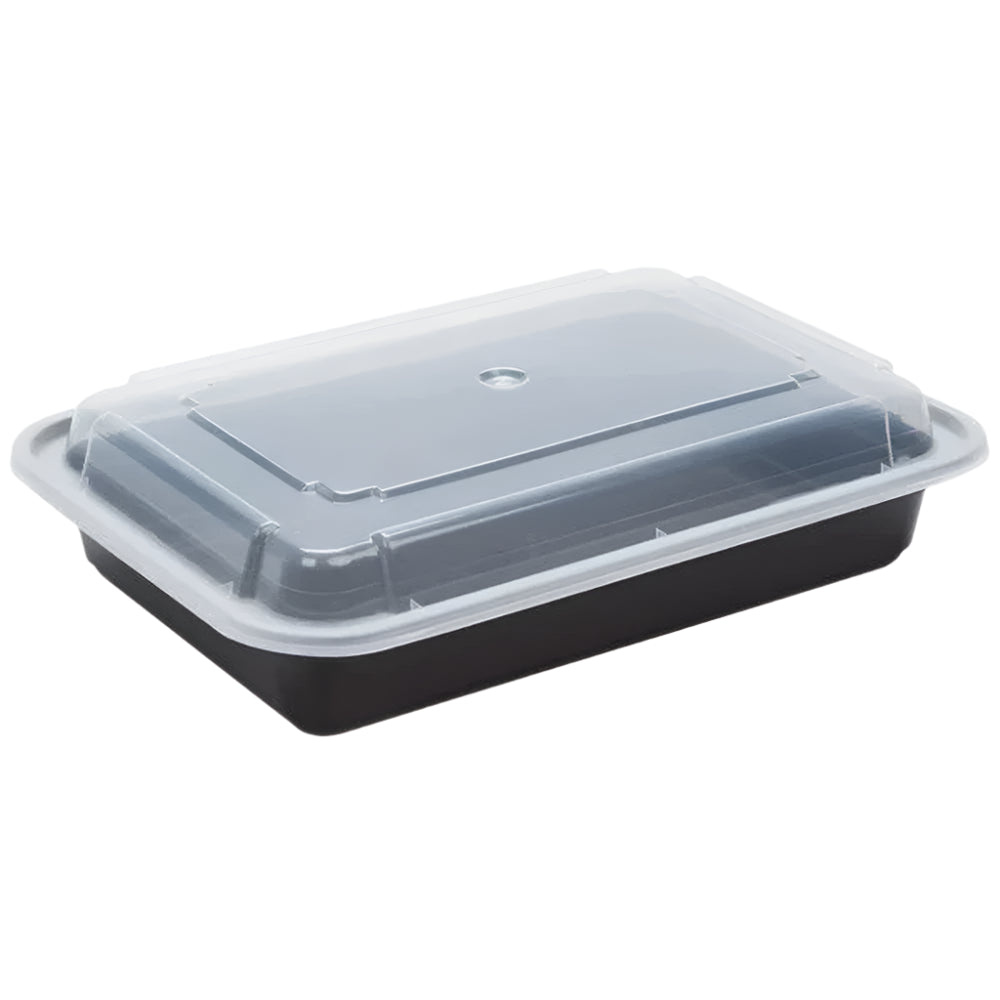 Recipiente rectangular negro apto para microondas (28 oz) con tapa – 150 unidades
