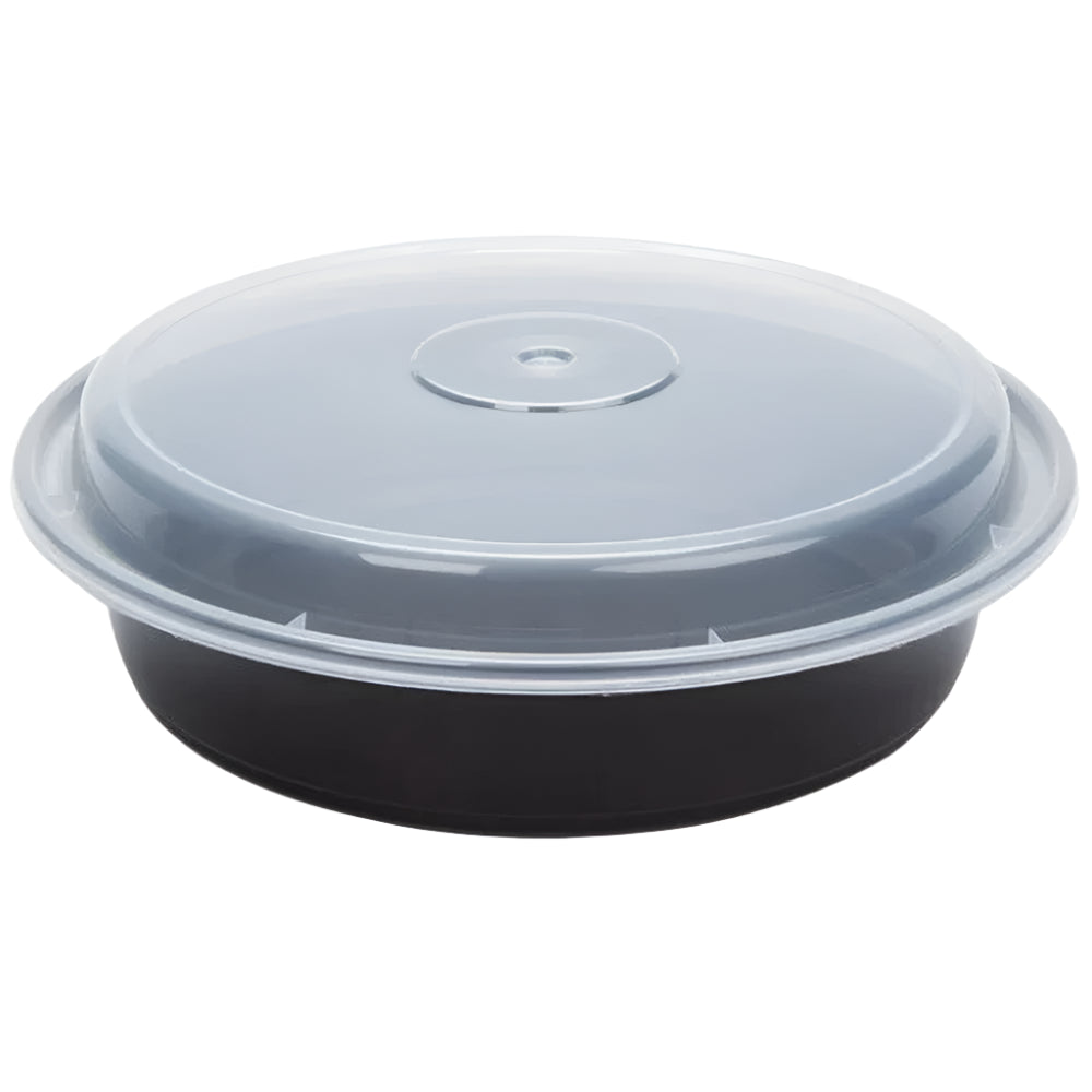 Recipiente redondo negro apto para microondas (32 oz) con tapa – 150 unidades