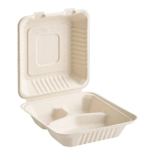 8" x 8" x 3" Bagasse Clamshell 3 Compartment 200 pcs
