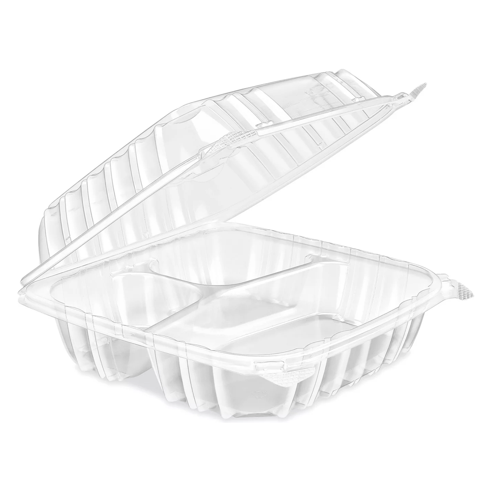 9" x 9" PET Clear Clamshell, 3 Compartment-200 pcs
