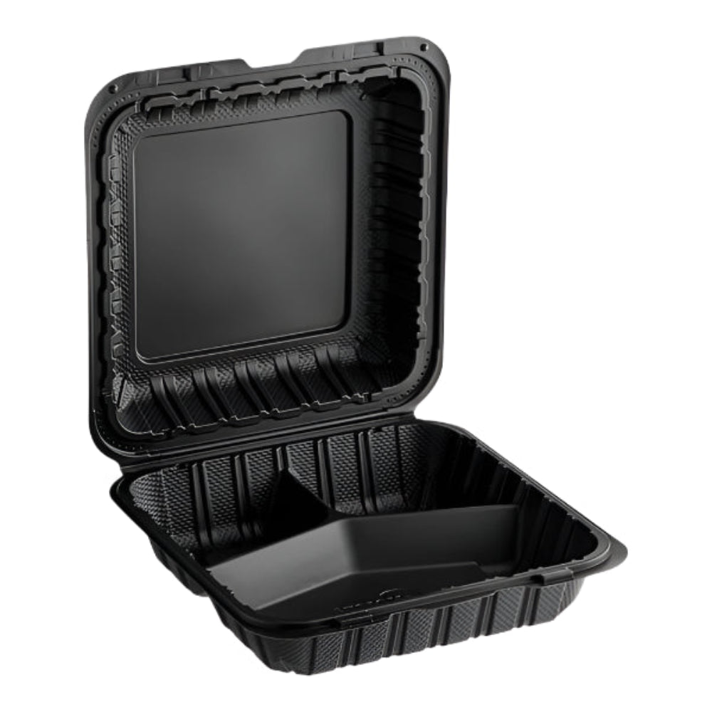 9"x 9" Black Mineral Clamshell, 3 Compartment-150 pcs