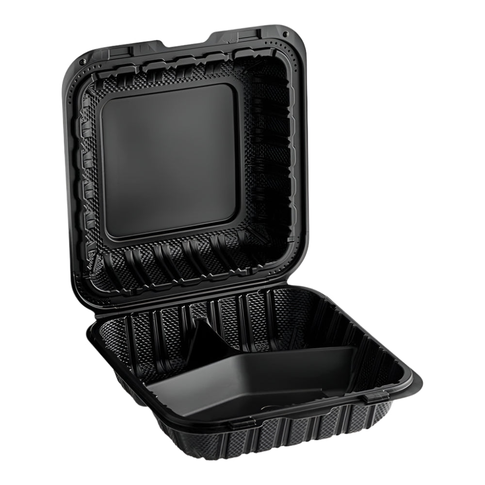 8"x 8" Black Mineral Clamshell, 3 Compartment-150 pcs