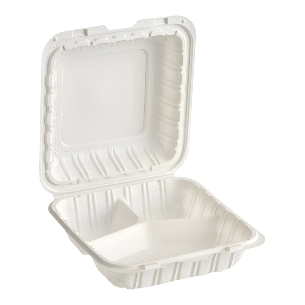 8"x 8" White Mineral Clamshell, 3 Compartment-150 pcs