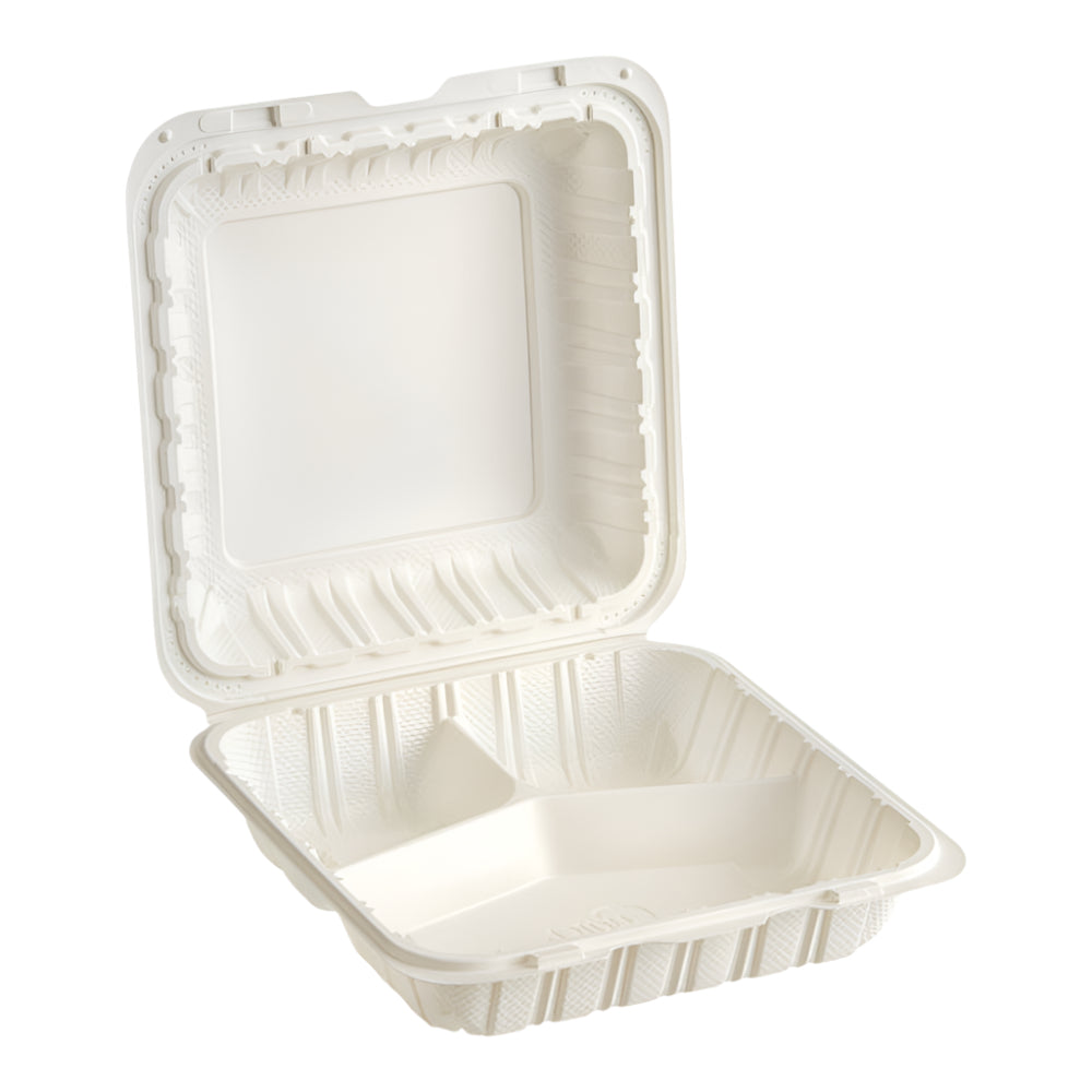 9"x 9" White Mineral Clamshell, 3 Compartment-150 pcs