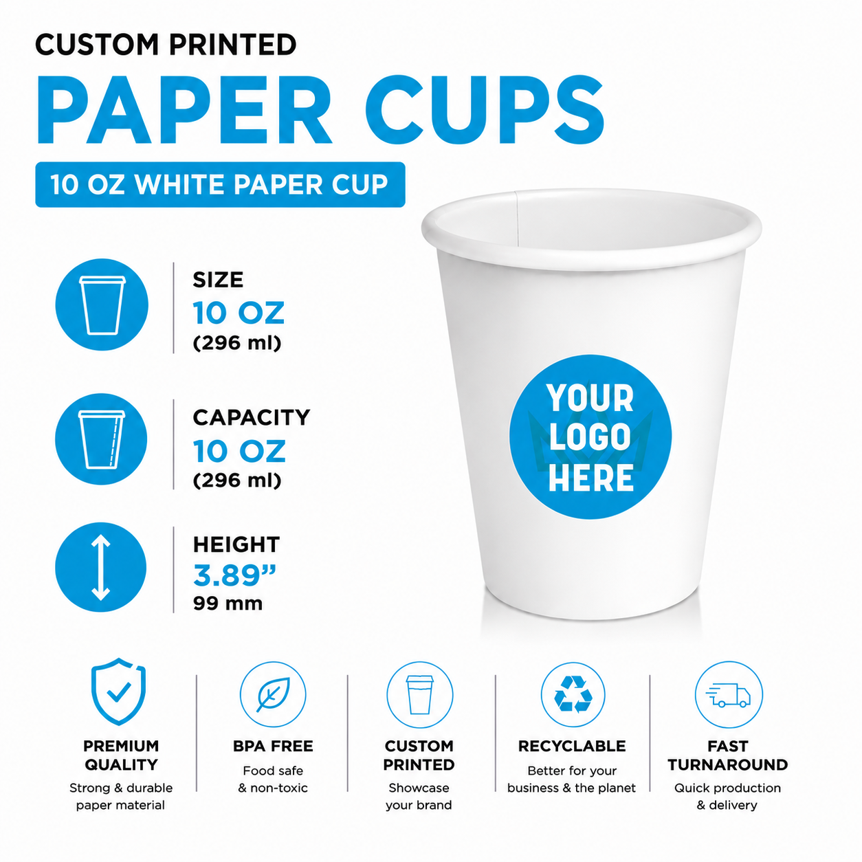 Vasos de papel blanco de 8 oz - Pared simple - Vasos personalizables para marca - 1000 unidades por caja