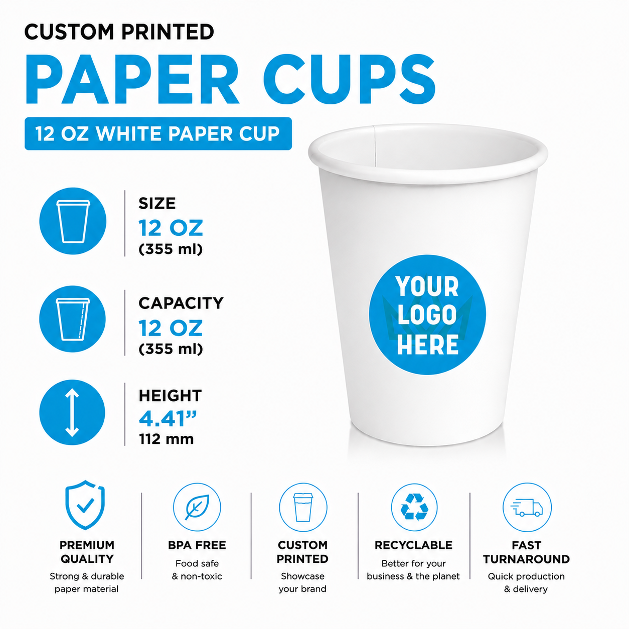 Vasos de papel blanco de 16 oz - Pared simple - Vasos personalizables para marca - 1000 unidades por caja