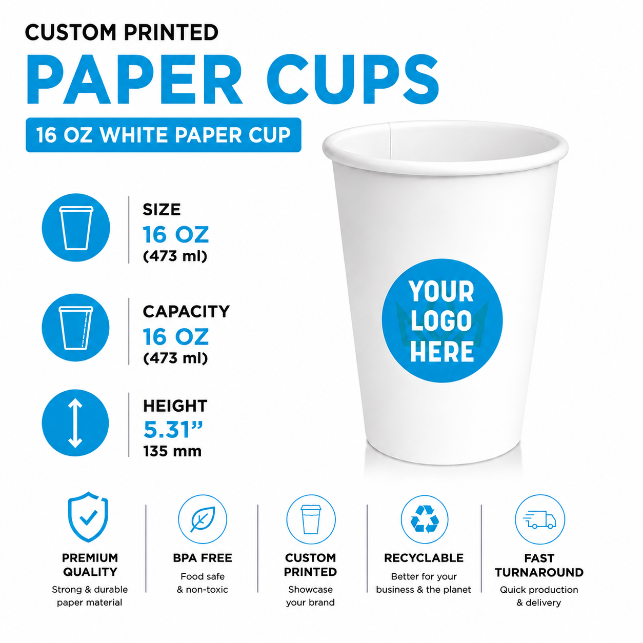 16 oz. Custom Printed White Paper Hot Cups–Single Wall–1000/Case