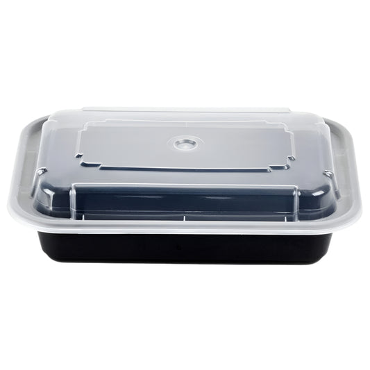 Recipiente rectangular negro apto para microondas (16 oz) con tapa – 150 unidades