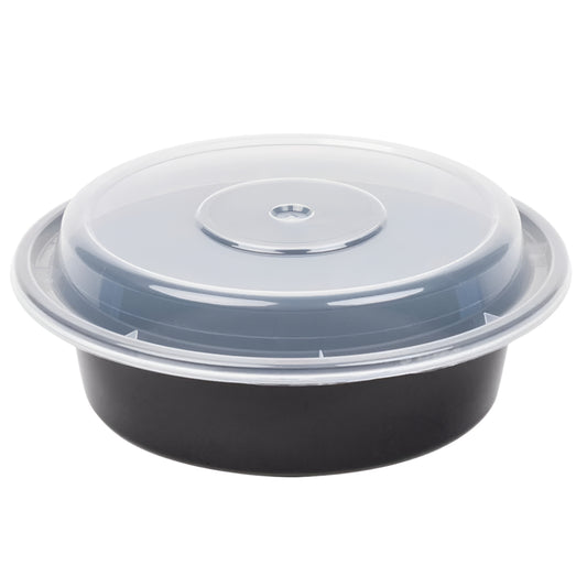 Recipiente redondo negro apto para microondas (16 oz) con tapa – 150 unidades