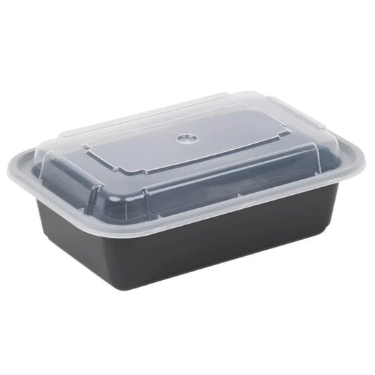 Recipiente rectangular negro apto para microondas (24 oz) con tapa – 150 unidades