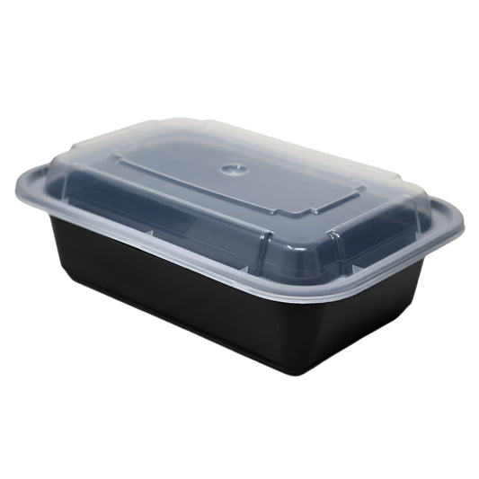 Recipiente rectangular negro apto para microondas (32 oz) con tapa – 150 unidades