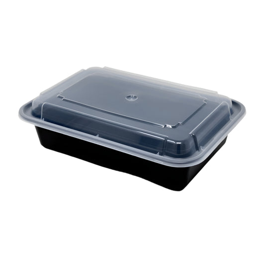 Recipiente rectangular negro apto para microondas (38 oz) con tapa – 150 unidades