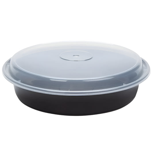 Recipiente redondo negro apto para microondas (48 oz) con tapa – 100 unidades