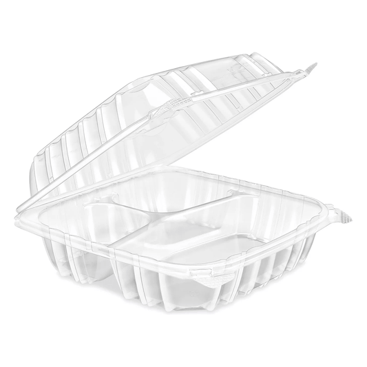 8" x 8" PET Clear Clamshell, 3 Compartment-250 pcs