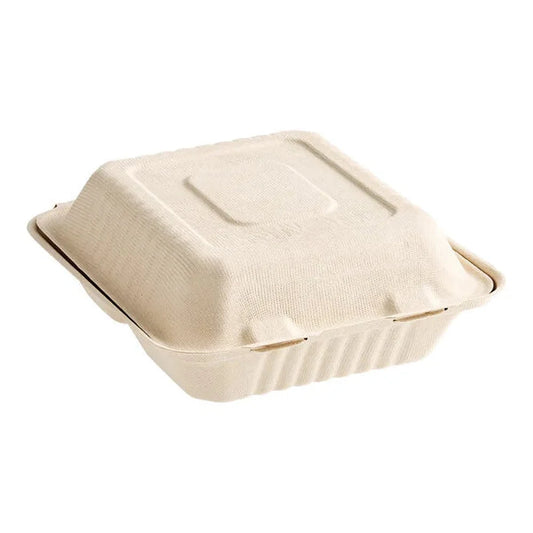 8" x 8" x 3" Bagasse Clamshell 3 Compartment 200 pcs