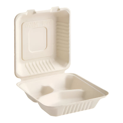 8" x 8" Bagasse Clamshell, 3 Compartment-200 pcs