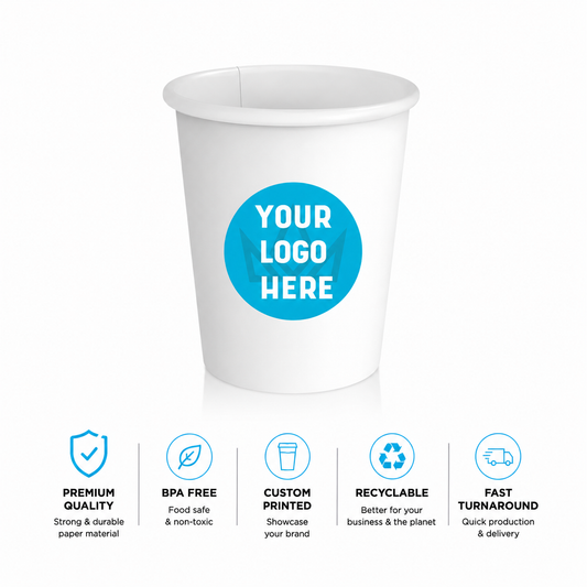 8 oz. Custom Printed White Paper Hot Cups–Single Wall–1000/Case