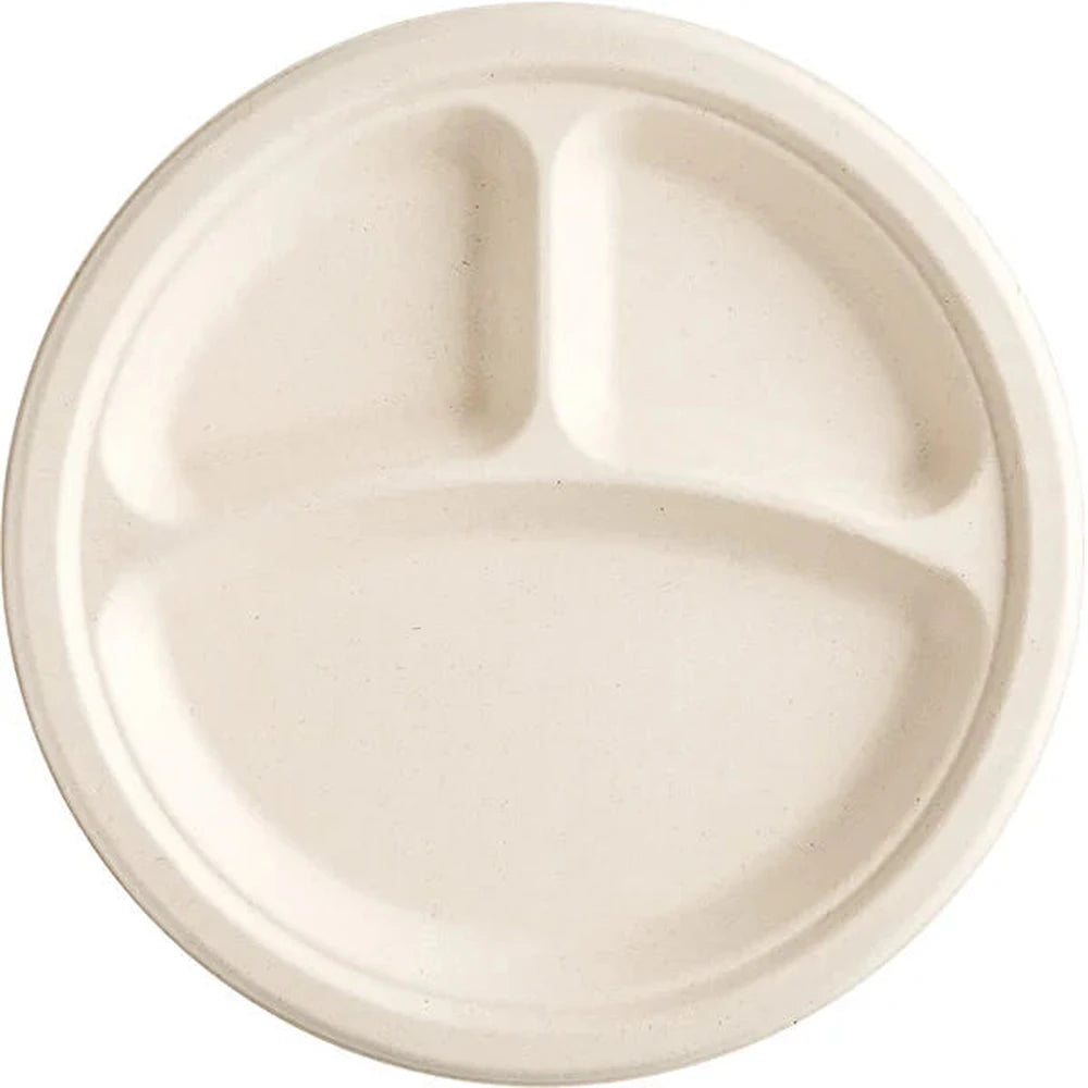 9" Round Bagasse Plate with 3 Compartments-500 pcs