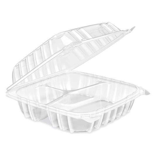 9" x 9" PET Clear Clamshell, 3 Compartment-200 pcs