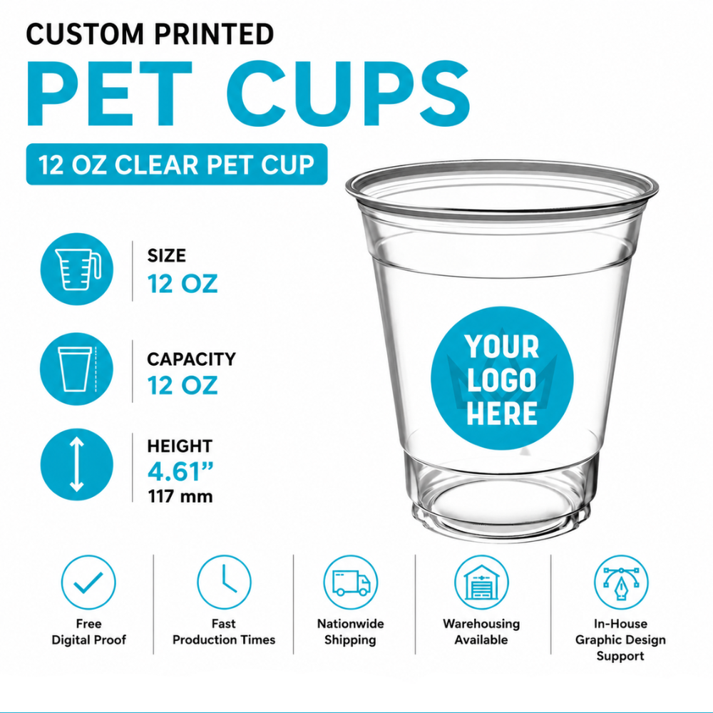 12 oz Custom Printed PET Clear Cups–1000/Case