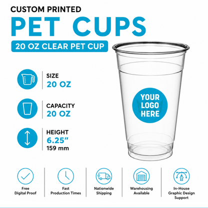 20 oz Custom Printed PET Clear Cups–1000/Case