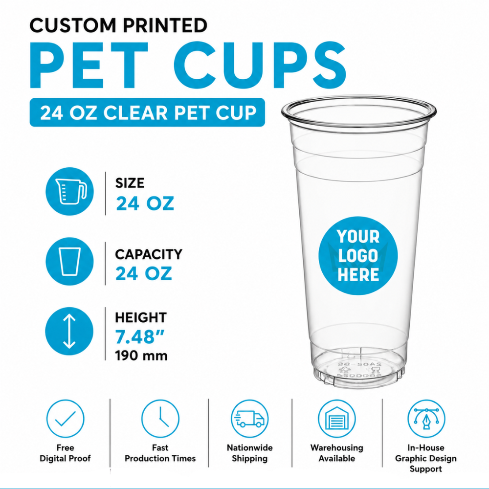 24 oz Custom Printed PET Clear Cups–600/Case