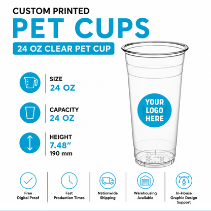 24 oz Custom Printed PET Clear Cups–600/Case