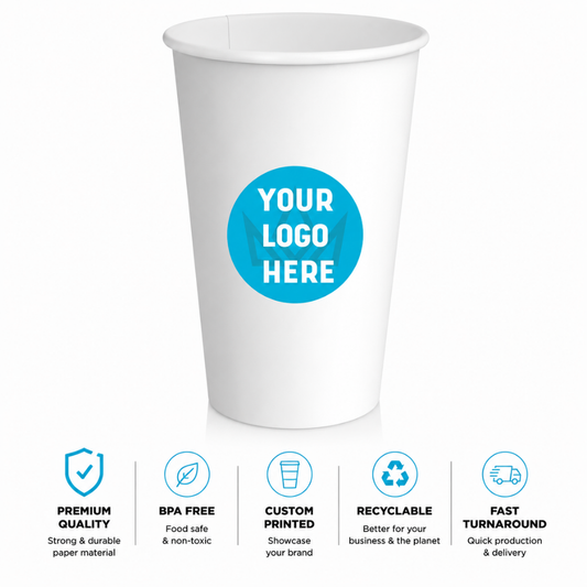 16 oz. Custom Printed White Paper Hot Cups–Single Wall–1000/Case